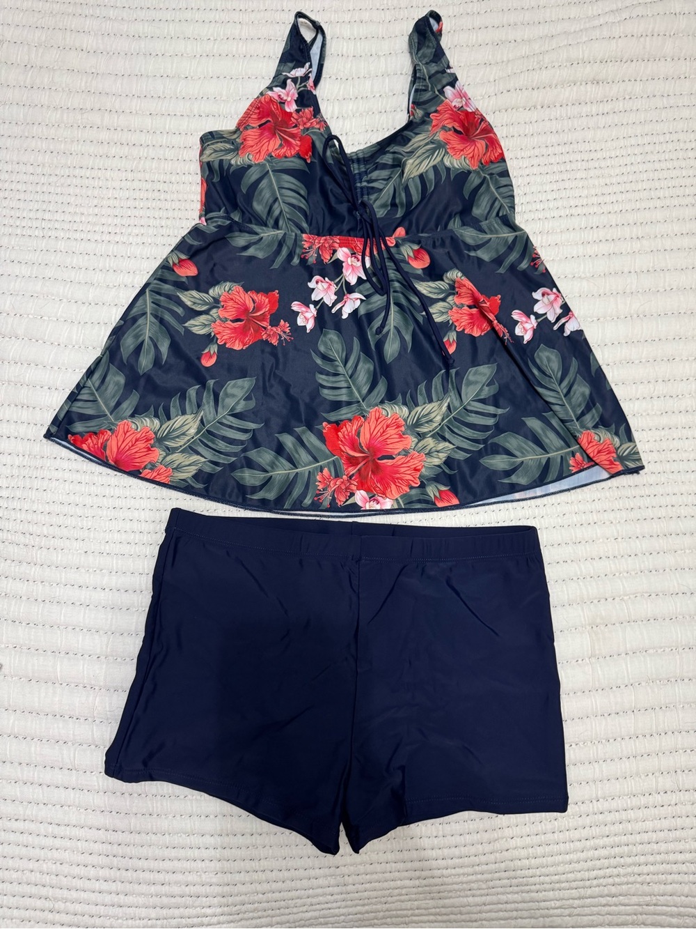Navy Tropical Floral Tankini Boy Short Swimsuit Set Size L NWOT